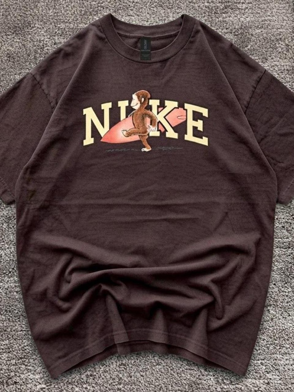 Gildan Brown Short-Sleeve Tee with Surfing Monkey Graphic
